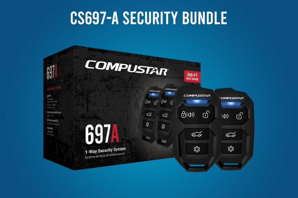 Compustar CS697-A security bundle and remotes on a blue background.