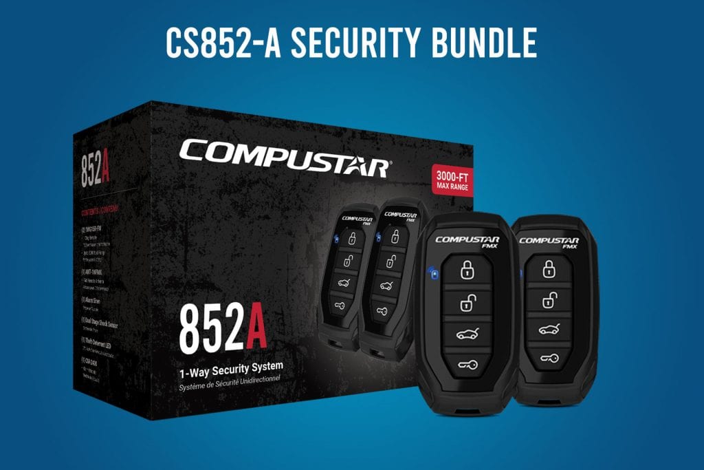Compustar CS852-A security bundle and remotes on a blue background