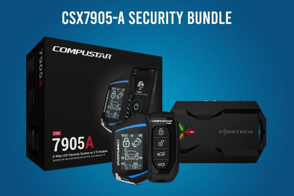 Compustar CSX7905-A security bundle, Drone X1 module, and remotes on a blue background